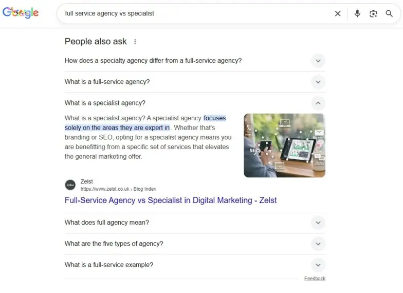 People also ask, full service agency vs specialist.