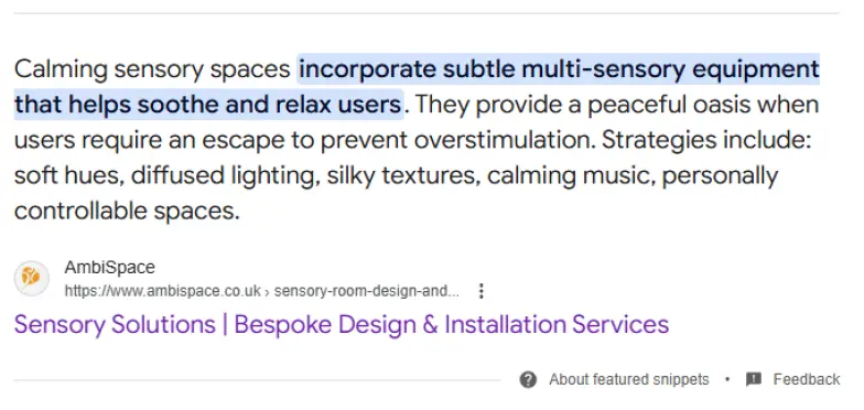 Featured snippet for the query ‘Sensory room design’, taken from AmbiSpace’s page on Sensory Solutions.