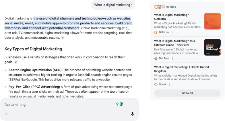 Google’s AI mode screen for the query ‘What is digital marketing?’ featuring an introductory paragraph, a further breakdown, and sources on the right-hand side.