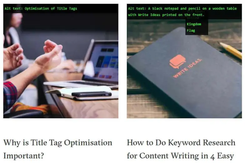 The image alt text viewer extension displaying an image's alternate text