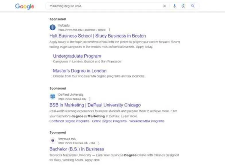 Search engine results of Marketing degrees in USA