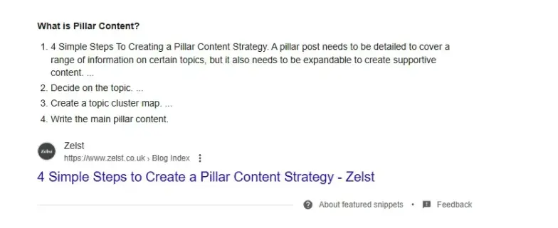 Featured Snippet on Pillar Content